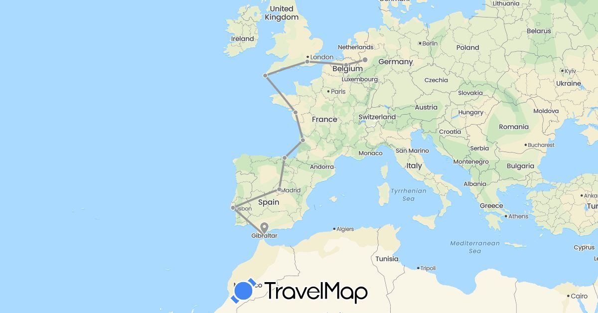 TravelMap itinerary: driving, plane in Belgium, Germany, Spain, France, United Kingdom, Portugal (Europe)